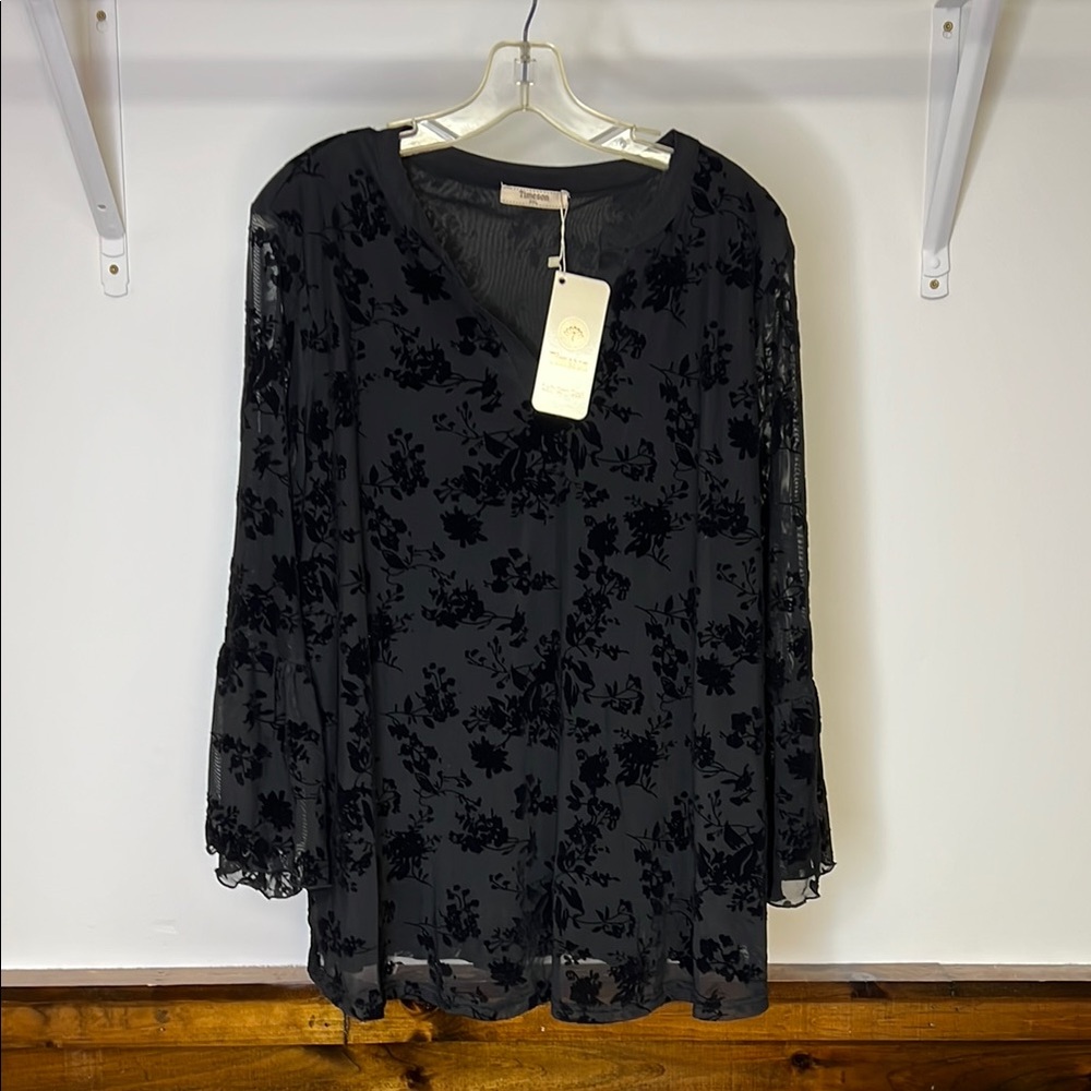 Timeson Black Floral Mesh Velvet Blouse-‎ 2X